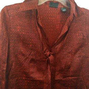 New York & Company Maroon Tailored Silk Animal Print Blouse Attached Bow Tie Fit